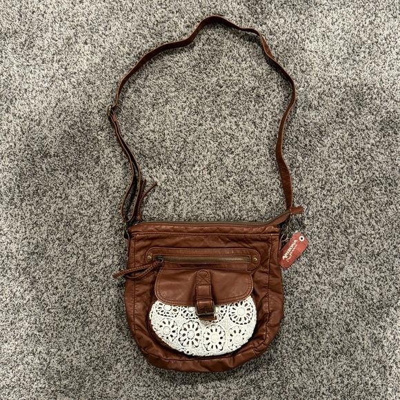 NEW | Brown Leather Feeling Bag with White Lace - Picture 1 of 9
